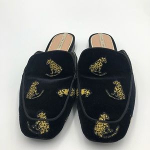 Zara Velvet Leopard Embroidered Mule Flats